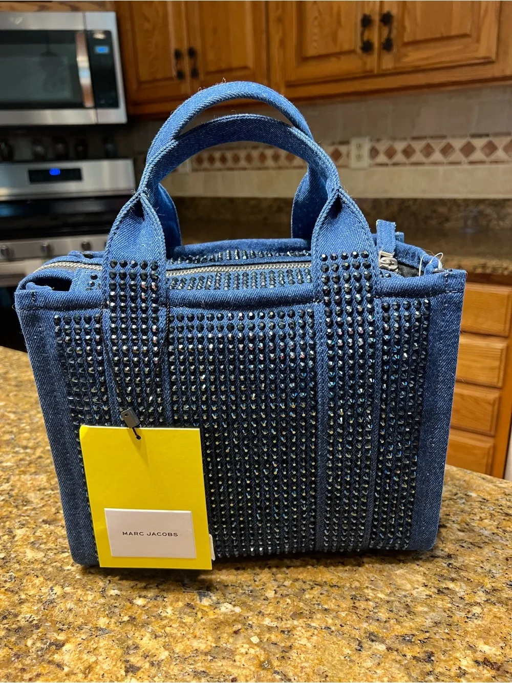 Marc Jacobs Denim Mini Tote with Black Crystal Studs - Blue